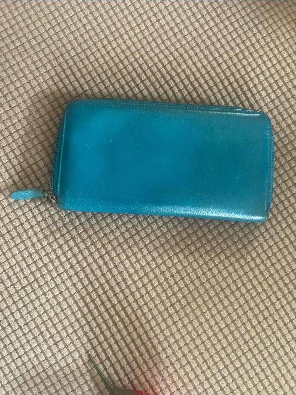 CHANEL Embossed Jacket Goatskin Zip Wallet Turquoise Blue